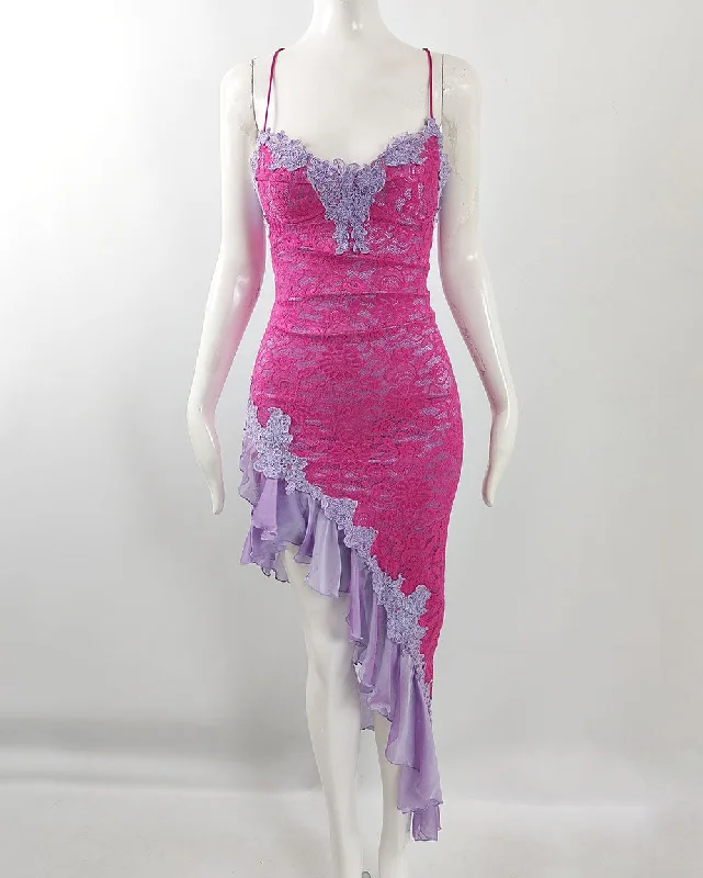 Catwalk Collection Vintage Hot Pink Lace & Purple Chiffon Dress, 2000s Tunics Trousers formal