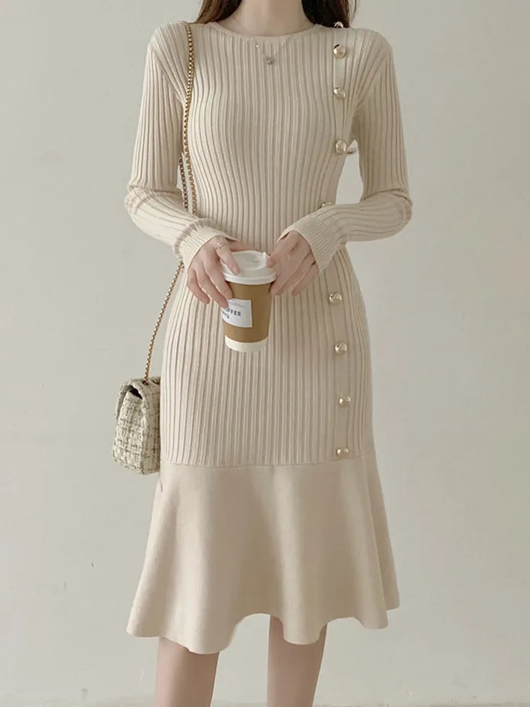 Autumn Warm Korean Fashion Woman Elegant Clothing Knitted Vintage Dresses Sweater Dress Femme Winter Vestido Feminino Thicken Toggled Drawstring Belted Autumn Warm Korean Fashion Woman Elegant Clothing Knitted Vintage Dresses Sweater Dress Femme Winter Vestido Feminino Thicken Toggled Drawstring Belted