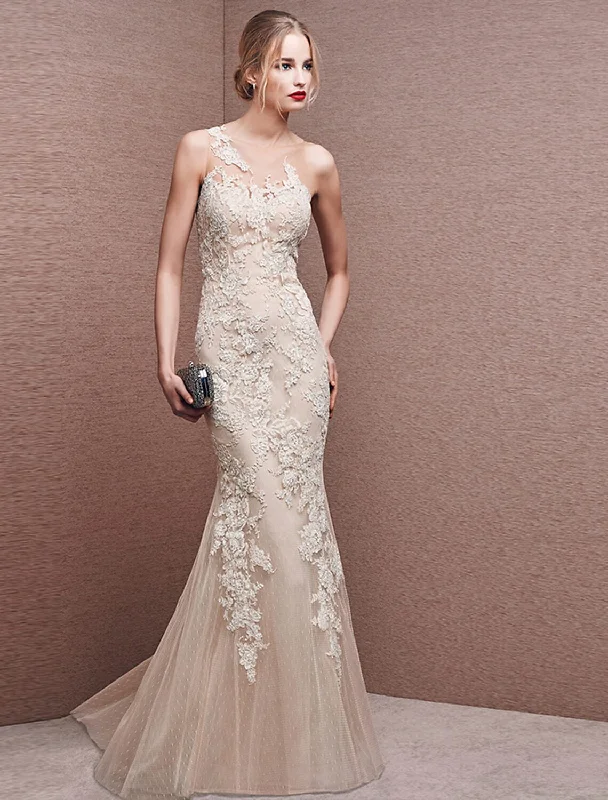 Mermaid / Trumpet Beautiful Back White Engagement Formal Evening Dress Illusion Neck Sleeveless Floor Length Lace with Appliques Tunics Exclusive limited