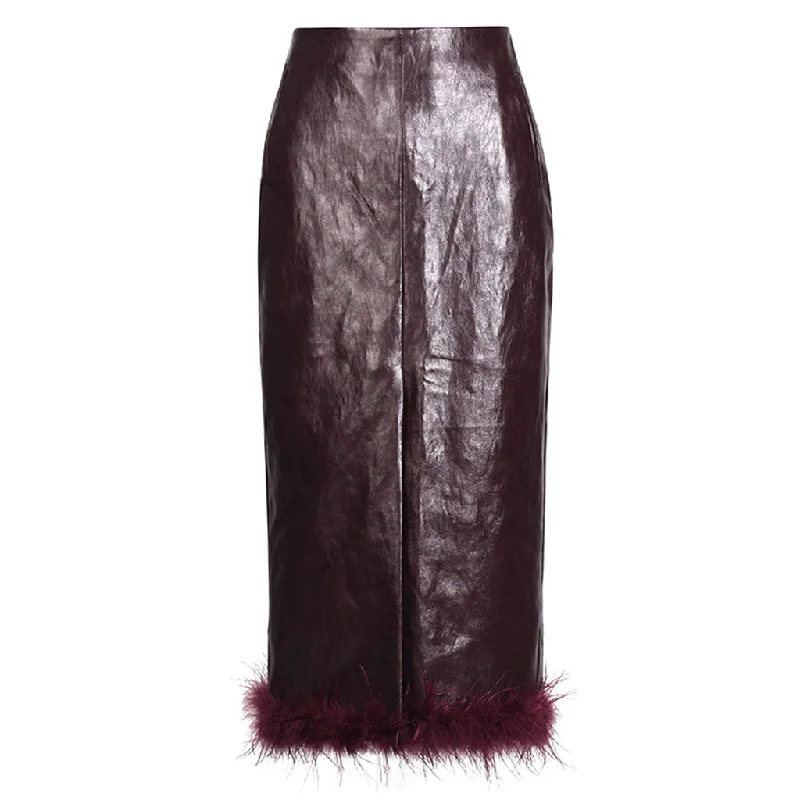 Luxury High Waist Front Split Faux Feather Trim Vegan Leather Pencil Midi Skirt casual skirt length