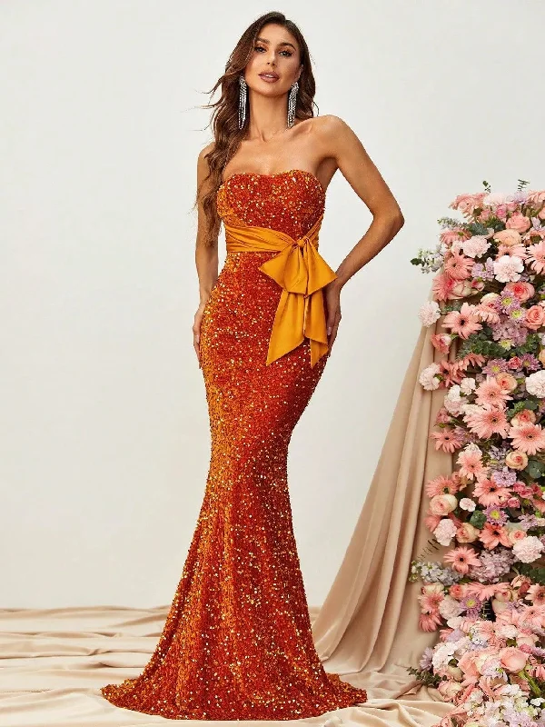 Bow Front Sequin Tube Mermaid Dress