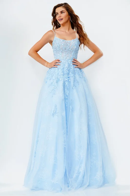 Jovani JVN06644 Long Lace Ballgown Prom Dress Scoop Neckline Corset Sheer Pageant Gown