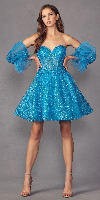 Juliet 895 Short A-Line Glitter Boned Dress Detachable Puff Sleeves