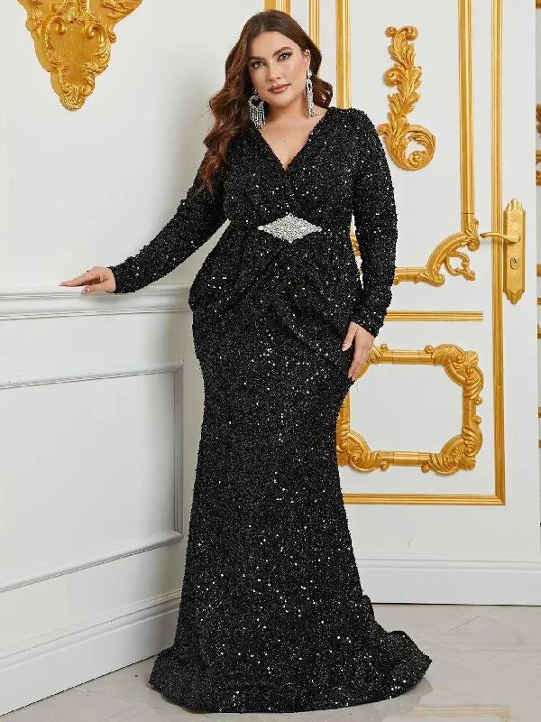 Plus Rhinestone Detail Sequin Mermaid Dress