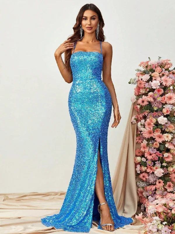 Spaghetti Strap Backless Lace Up Sequin Mermaid Dress