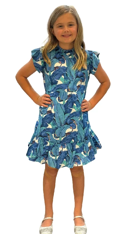 The Tinley Girl's Hand Block Printed Dress in Blue Green Palm Leaf