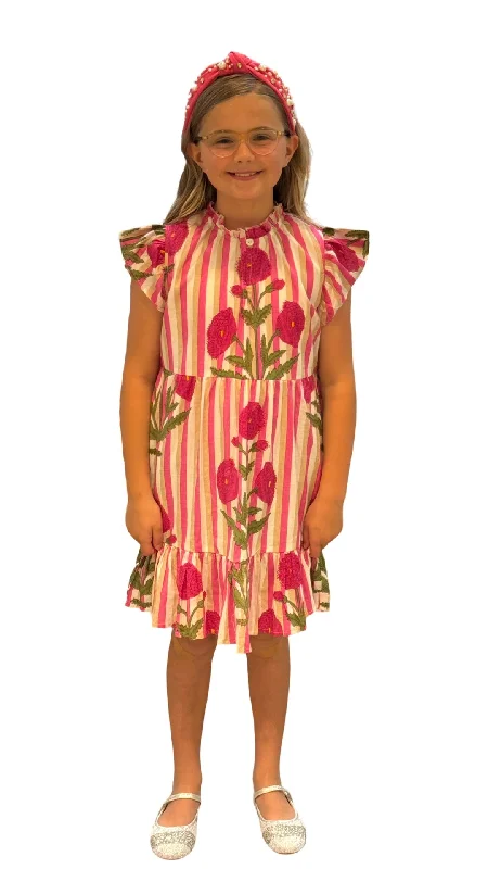 The Tinley Girl's Striped Hand Block Printed Dress in Pink