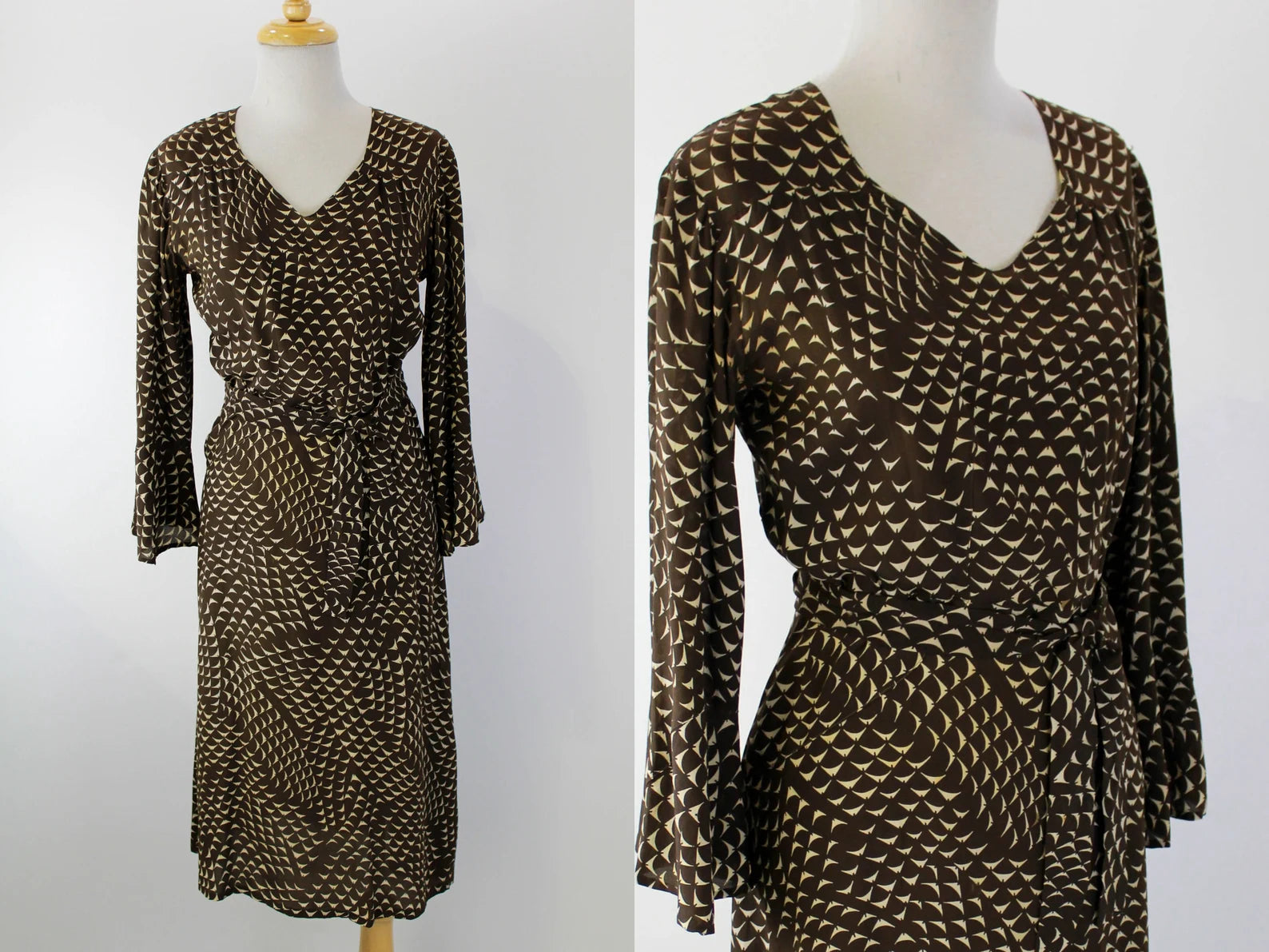 Vintage 1930s Brown Silk Day Dress with Cream Abstract Print, XS