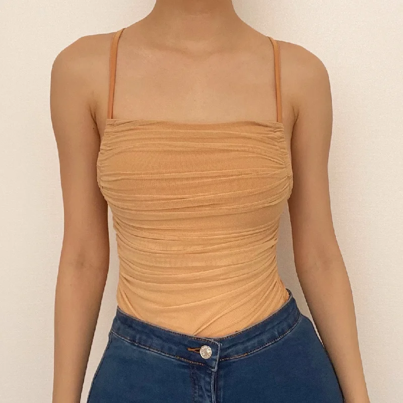 Corss back ruched self tie solid cami bodysuit Elegant Bodysuit with Lace Trim