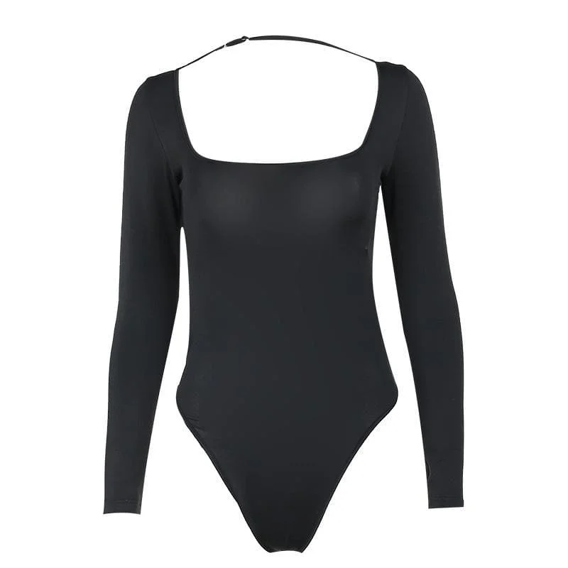 Cross back solid long sleeve square neck backless bodysuit Trendy Bodysuit with Frills