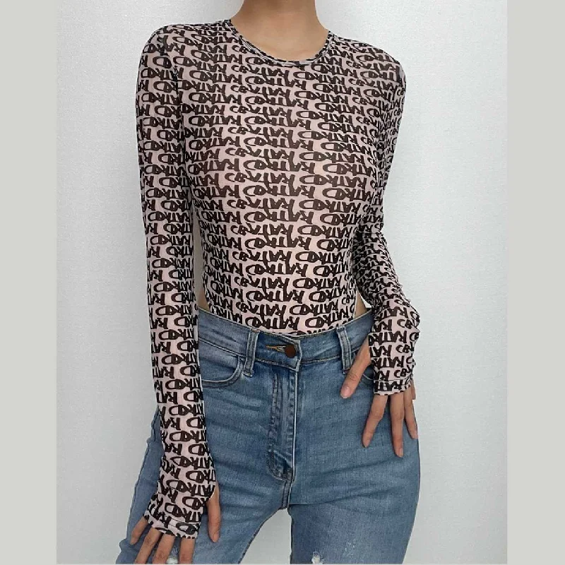 Long sleeve round neck contrast print sheer mesh gloves bodysuit Comfortable T-shirt Bodysuit Long sleeve round neck contrast print sheer mesh gloves bodysuit Comfortable T-shirt Bodysuit