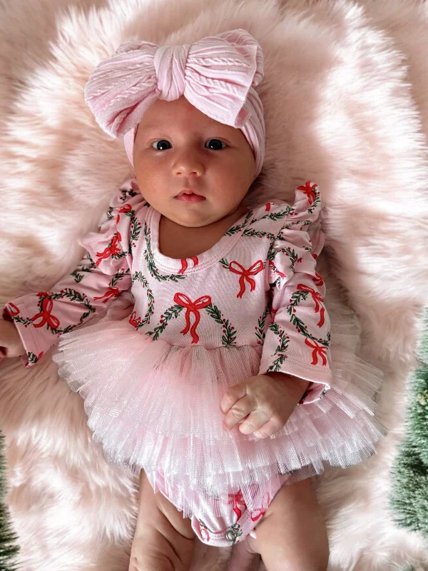 Long Sleeve Tutu Bodysuit, Wreath Pink Stylish Bodysuit with Adjustable Straps