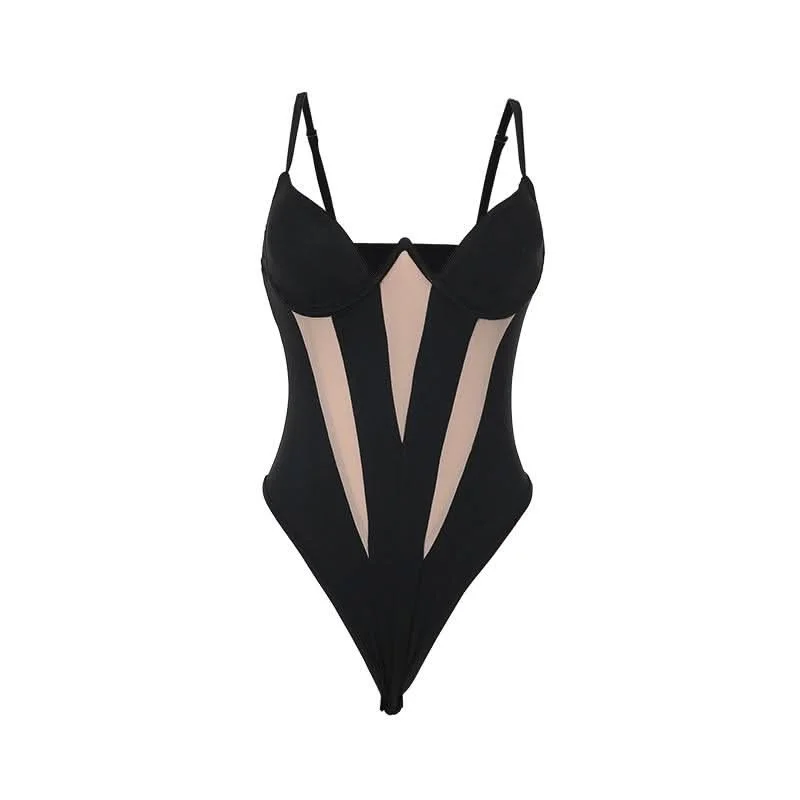 Mesh patchwork backless low cut cami bodysuit Fashionable Cropped Bodysuit
