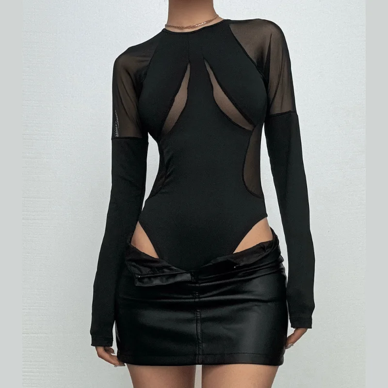 Mesh patchwork solid long sleeve crewneck bodysuit Comfortable Bodysuit for Layering Mesh patchwork solid long sleeve crewneck bodysuit Comfortable Bodysuit for Layering