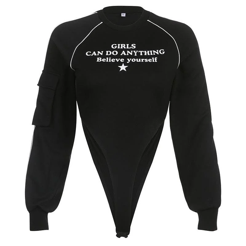 Pocket letter print long sleeve crewneck contrast bodysuit Stylish Underwear Bodysuit Pocket letter print long sleeve crewneck contrast bodysuit Stylish Underwear Bodysuit