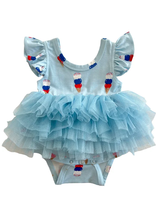 Ruffle Sleeve Tutu Bodysuit, Blue Ice Cream Elegant Long Sleeve Bodysuit