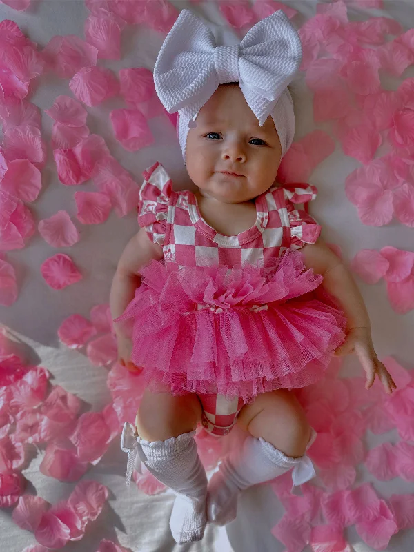 Ruffle Sleeve Tutu Bodysuit, Pink Flower Checkerboard Fashionable Turtleneck Bodysuit Ruffle Sleeve Tutu Bodysuit, Pink Flower Checkerboard Fashionable Turtleneck Bodysuit