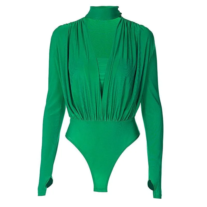 V neck solid ruched gloves high neck long sleeve bodysuit Elegant Lace Bodysuit for Evening