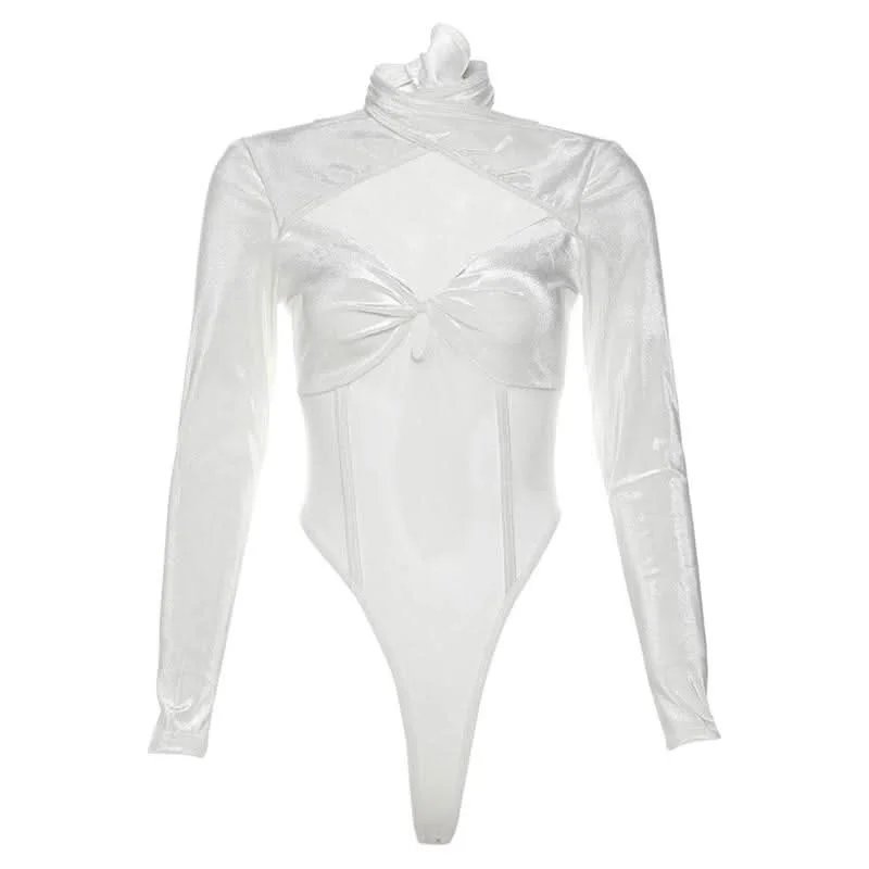 Velvet mesh patchwork long sleeve self tie bodysuit Comfortable Lace Bodysuit Top