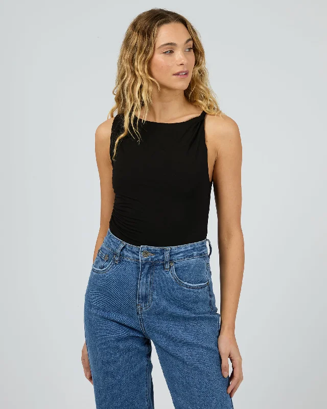 Evie Ruched Bodysuit Black Fashionable Sleeveless Bodysuit with Buttons