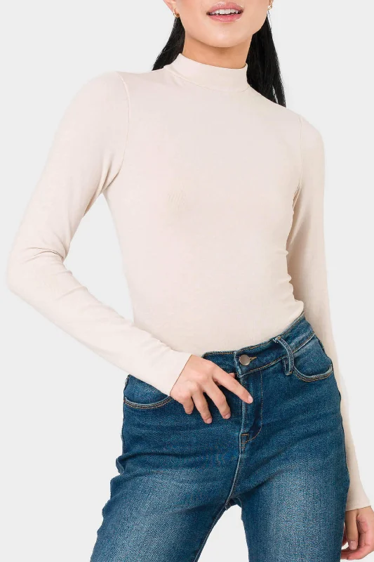 Long Sleeve Essential Mock Neck Thong Bodysuit Fashionable Plunge Bodysuit
