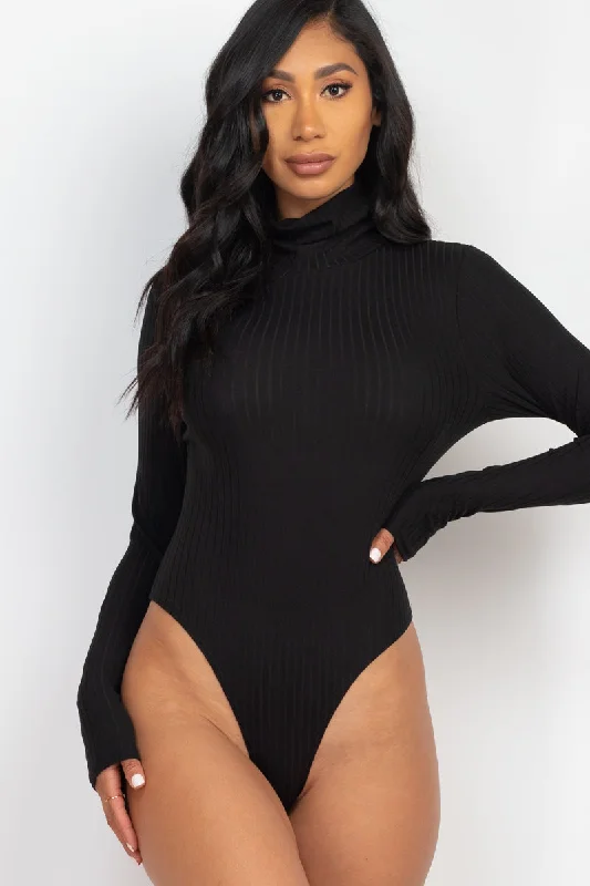 Long Sleeve Ribbed Turtle Neck Bodysuit Comfortable Bodysuit with Deep V