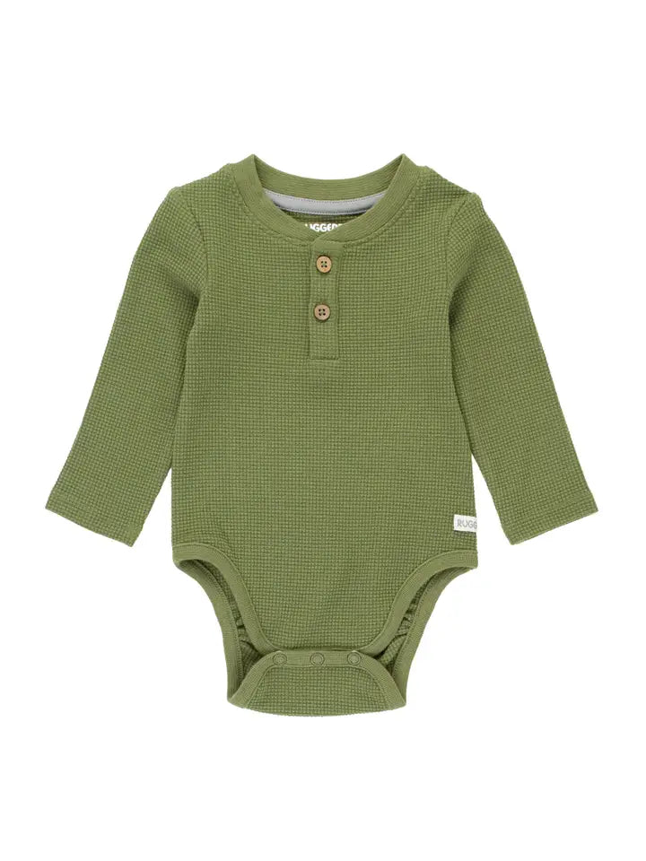 RuffleButts+RuggedButts: Dusty Olive Waffle Knit Henley Bodysuit Fashionable Bodysuit with Frill Detail RuffleButts+RuggedButts: Dusty Olive Waffle Knit Henley Bodysuit Fashionable Bodysuit with Frill Detail