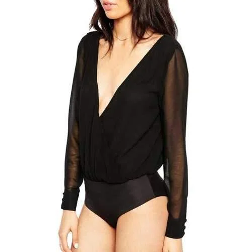 Tiger Mist Petite Wrap Front Bodysuit - Black L Comfortable Bodysuit with Long Sleeves Tiger Mist Petite Wrap Front Bodysuit - Black L Comfortable Bodysuit with Long Sleeves