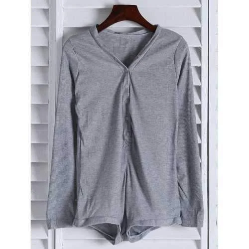 Trendy V Neck Long Sleeve Solid Color Button Design Women's Bodysuit - Gray 2xl Comfortable Lace Bodysuit Trendy V Neck Long Sleeve Solid Color Button Design Women's Bodysuit - Gray 2xl Comfortable Lace Bodysuit