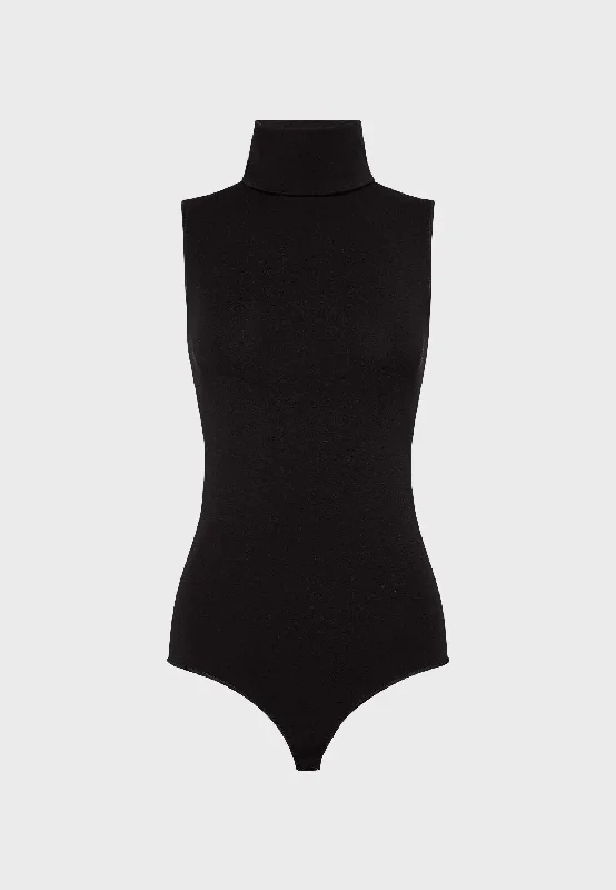 Black Viscose Sleeveless Turtleneck String Bodysuit Stylish Bodysuit for Party