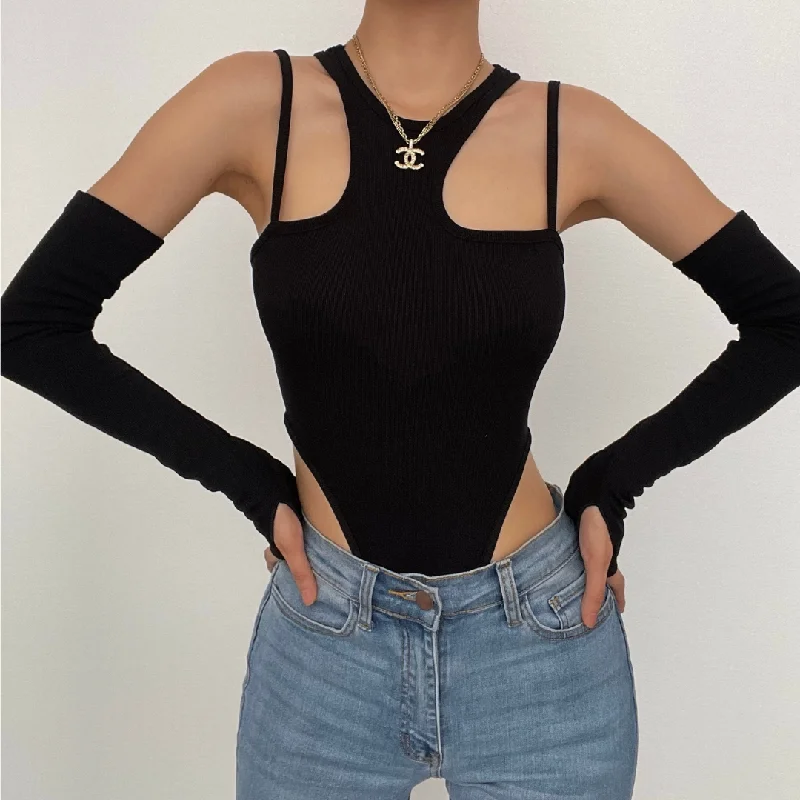 Gloves irregular solid cami crewneck bodysuit Fashionable Fitted Bodysuit