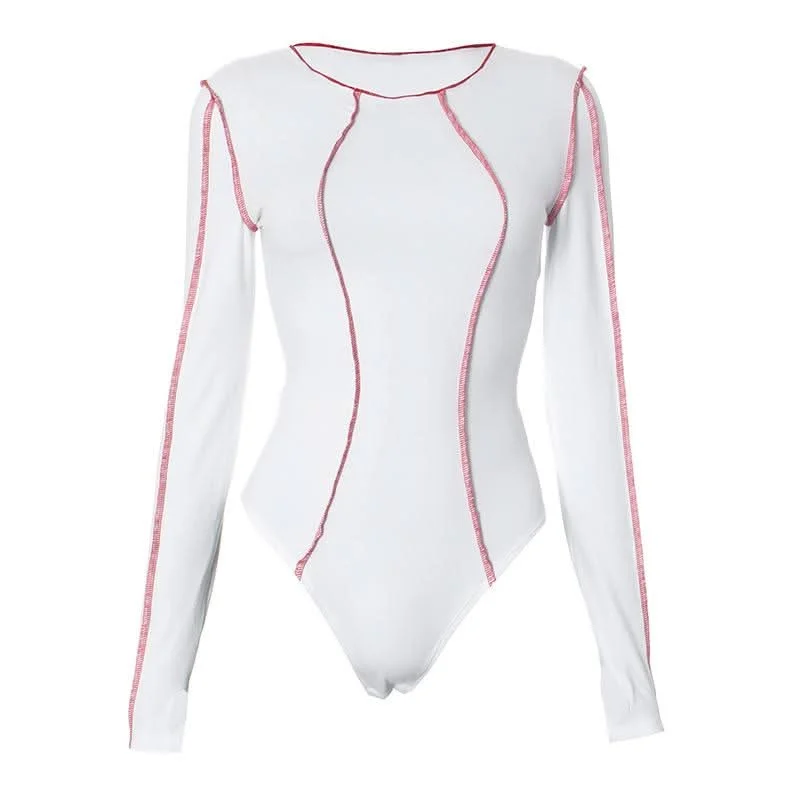 Gloves long sleeve stitch button crewneck bodysuit Fashionable Embellished Bodysuit