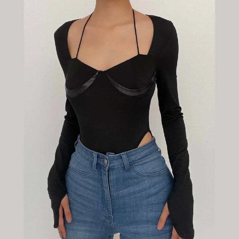 Halter PU leather long sleeve solid square neck bodysuit Comfortable Lace Bodysuit Top Halter PU leather long sleeve solid square neck bodysuit Comfortable Lace Bodysuit Top