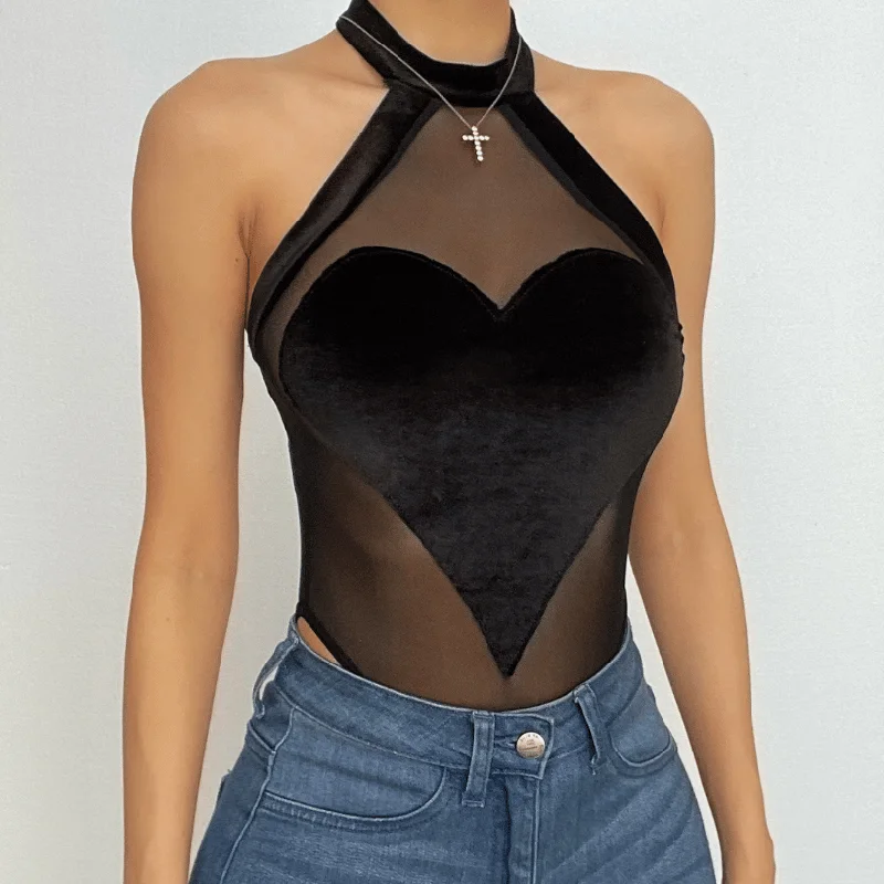 Heart patchwork halter mesh backless solid bodysuit Trendy Bodysuit with Tulle