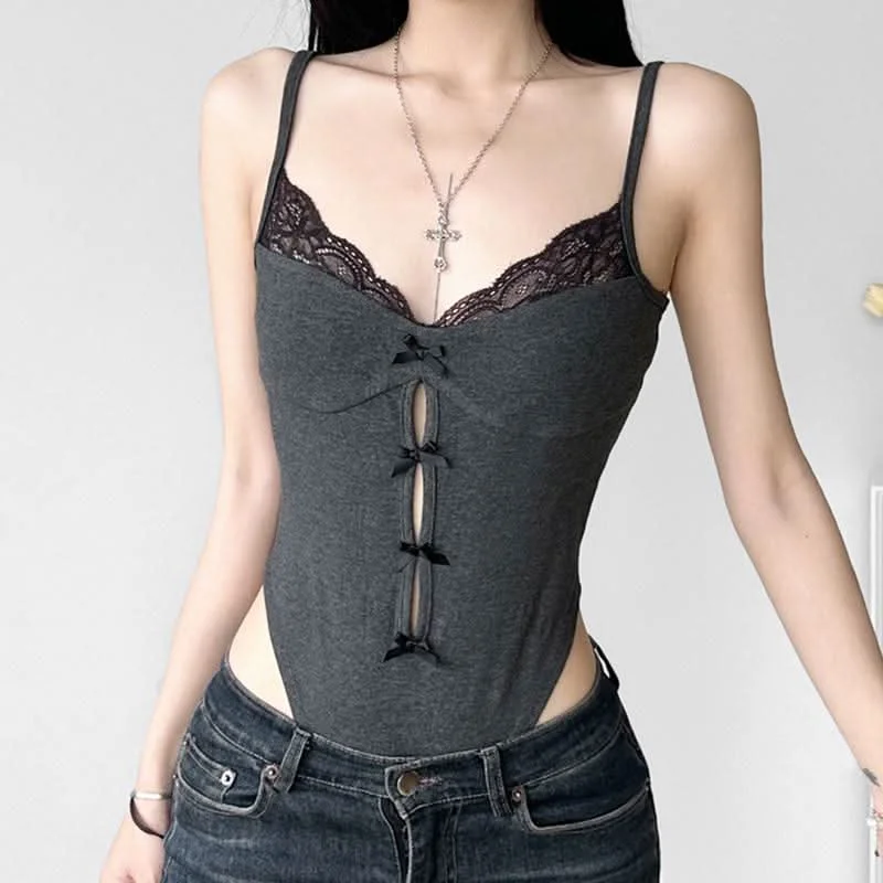 Lace hem bowknot hollow out cami bodysuit Elegant Bodysuit with Bow Detail