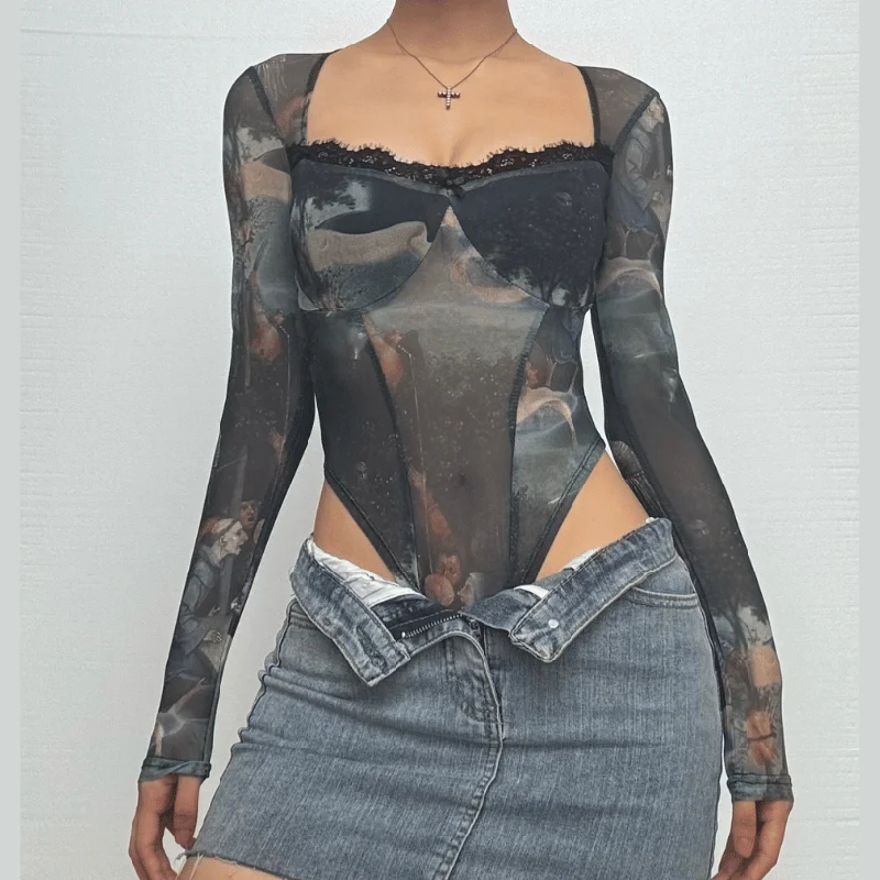Long sleeve abstract print bowknot bodysuit Comfortable Spaghetti Strap Bodysuit