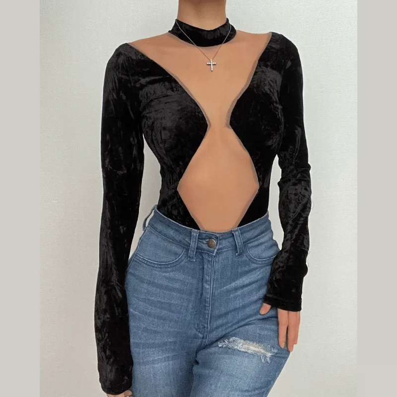 Long sleeve velvet high neck mesh patchwork button bodysuit Comfortable T-shirt Bodysuit Long sleeve velvet high neck mesh patchwork button bodysuit Comfortable T-shirt Bodysuit