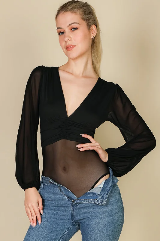 Mesh Bodysuit with Long Sleeves and Deep V-Neck Stylish Off-Shoulder Long Sleeve Bodysuit