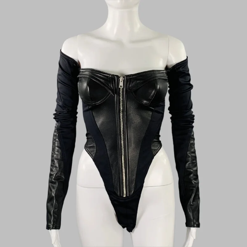 MUGLER Size 2 Black Lambskin Nylon Blend Bodysuit Comfortable Stretch-Fit Bodysuit