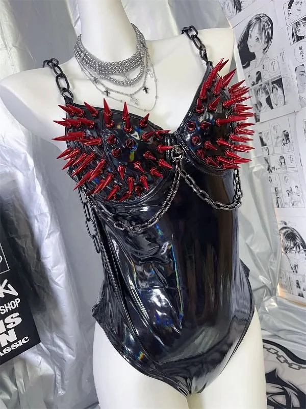 PU leather rivet metal chain bodysuit Stylish Bodysuit with Cross Front