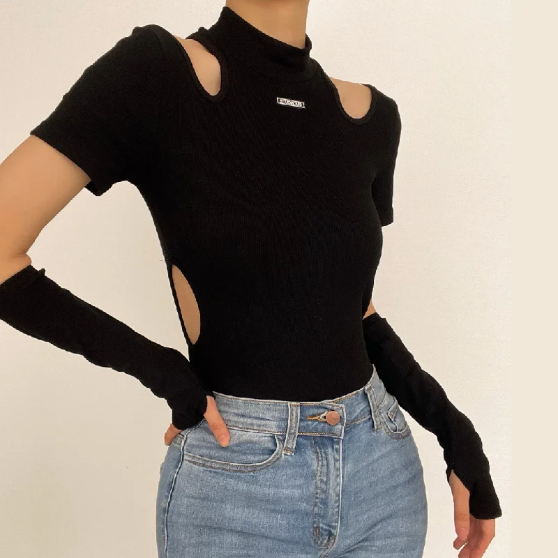 High neck hollow out short sleeve solid bodysuit Fashionable Bodysuit for Date Night