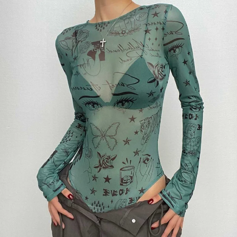 Sheer mesh see through abstract long sleeve bodysuit Trendy High-Leg Bodysuit