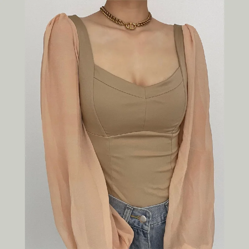 Solid v neck long sleeve mesh backless bodysuit Fashionable Bodysuit with Long Sleeves Solid v neck long sleeve mesh backless bodysuit Fashionable Bodysuit with Long Sleeves