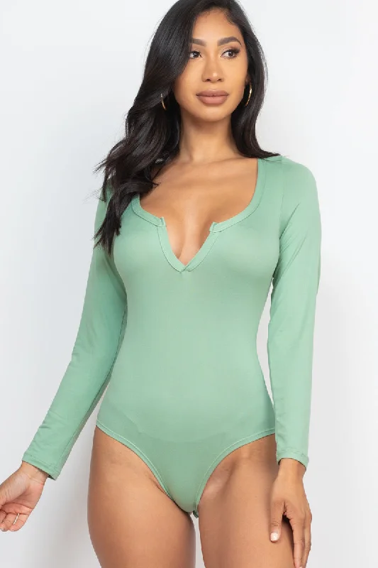 Solid Long Sleeve Bodysuit with Split Neckline Stylish High-Waisted Bodysuit