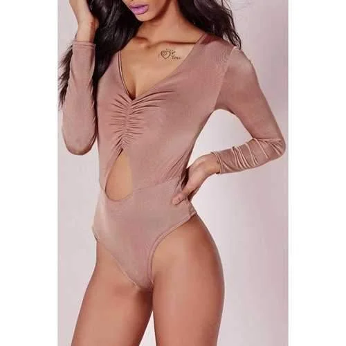 Sexy V-Neck Long Sleeve Ruched Cut Out Women's Bodysuit - Pink M Fashionable Cross-Back Bodysuit Sexy V-Neck Long Sleeve Ruched Cut Out Women's Bodysuit - Pink M Fashionable Cross-Back Bodysuit