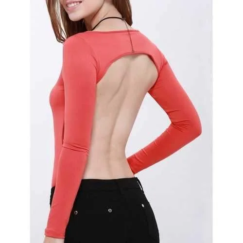 Sexy Scoop Neck Long Sleeve Hollow Back Women's Bodysuit - Red M Trendy High-Neck Bodysuit