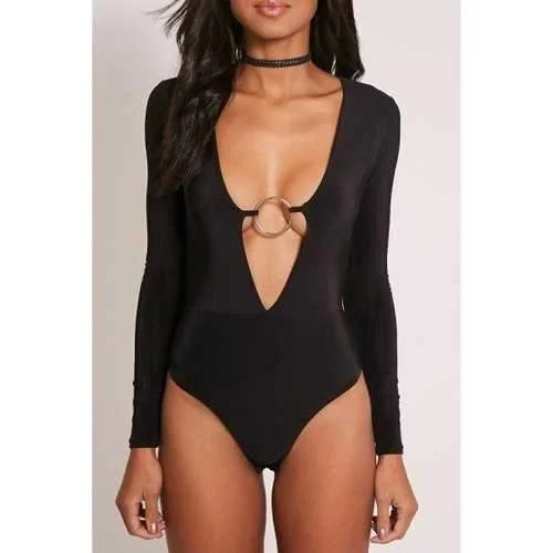 Plunge Skinny Long Sleeve Bodysuit - Black M Trendy Bodysuit with Zipper