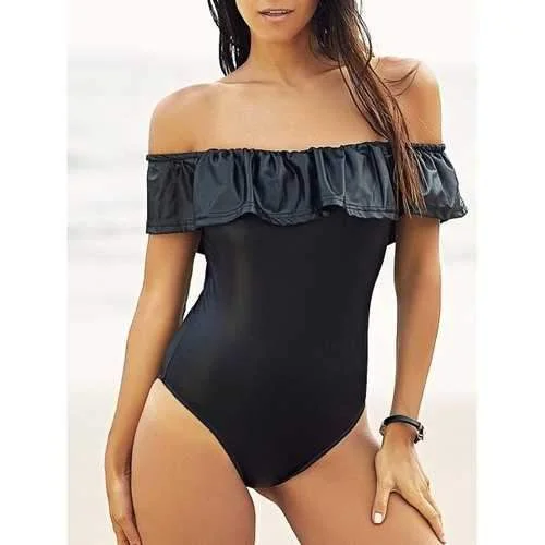 Active Off-The-Shoulder Ruffles Women's Bodysuit - Black S Fashionable Bodysuit with Button Detail