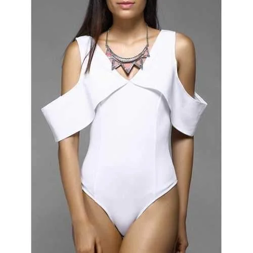 V-Neck Cold Shoulder Bodysuit - White M Stylish Bodysuit with Pockets
