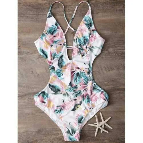 Plunging Neck Floral Print Bodysuit - M Fashionable Plunge Bodysuit